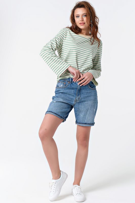 Green striped cotton long sleeve longsleeve sweatshirt on milk color