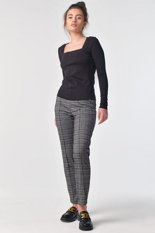 Black and gray plaid classic pants with elastic band at the bottom