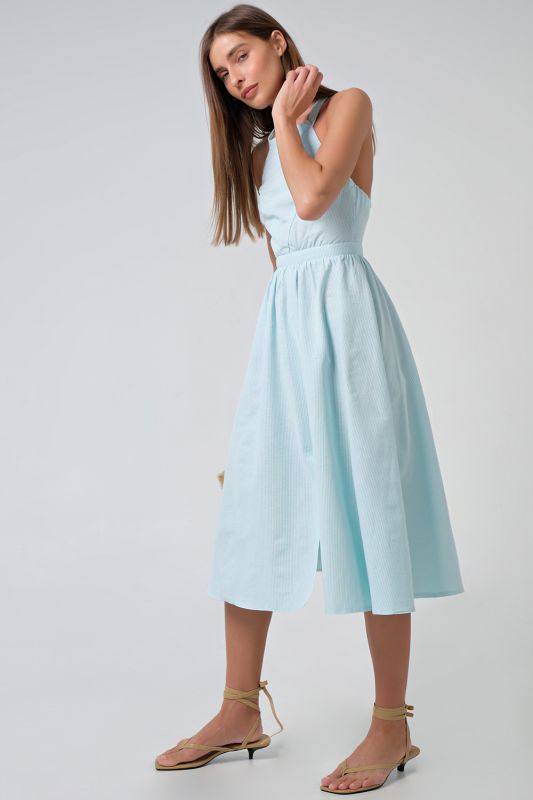 Striped cotton summer midi dress on turquoise