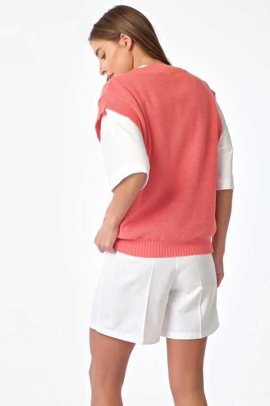 Cotton v-neck crochet over vest in coral color