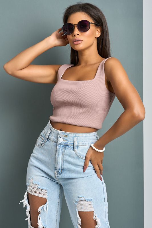 Strappy knitted cropped top in beige