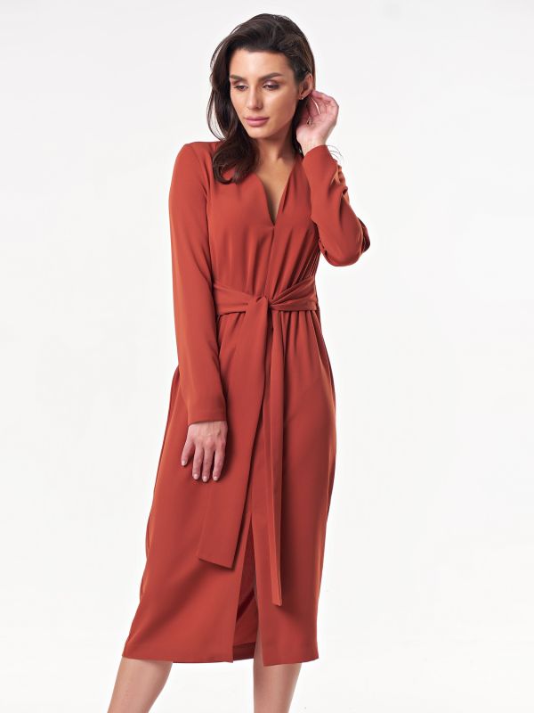 Terracotta long sleeve casual midi dress