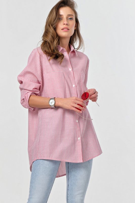 Long Sleeve Striped Cotton Oversize Shirt on Red