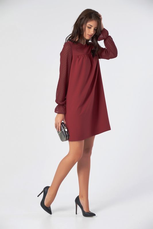 Light straight dress with chiffon sleeves burgundy