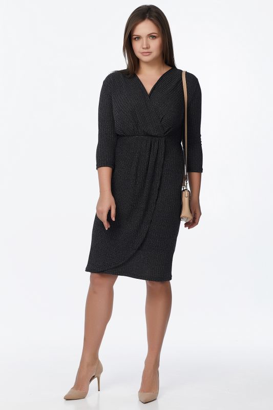 Large size black knitted fit-and-flare dress with flap