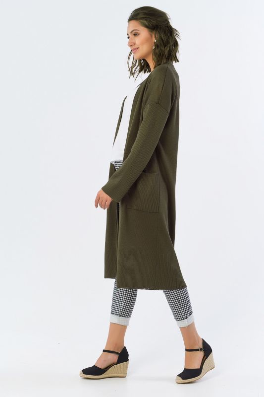 Long loose knitted cardigan without clasp khaki