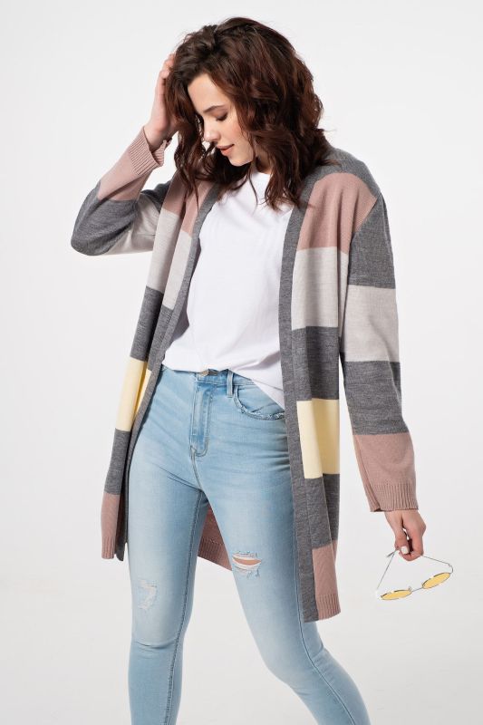 Cardigan knitted long striped cardigan gray