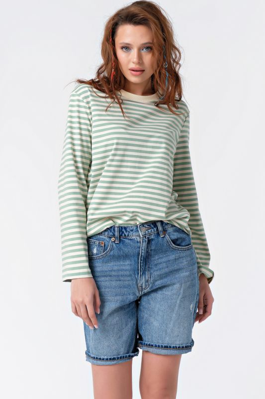 Green striped cotton long sleeve longsleeve sweatshirt on milk color