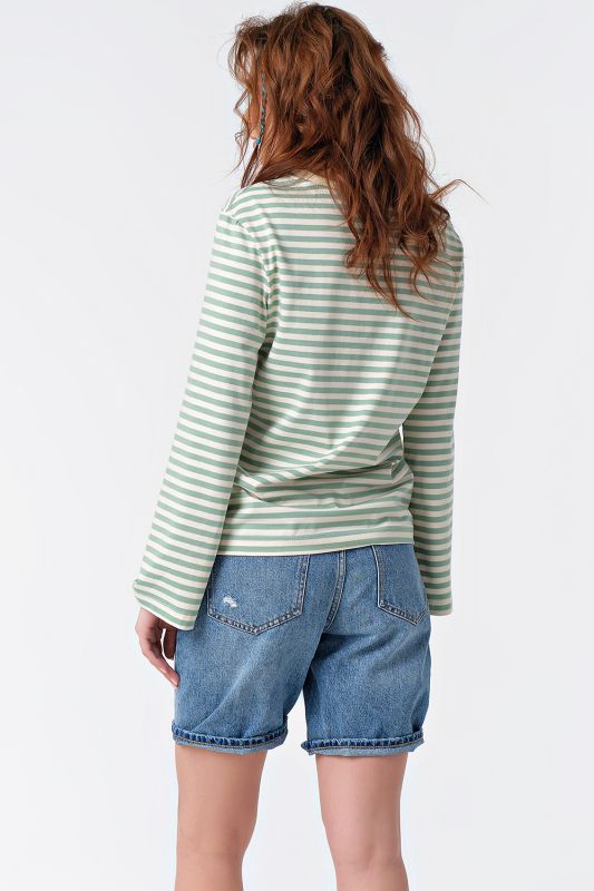 Green striped cotton long sleeve longsleeve sweatshirt on milk color