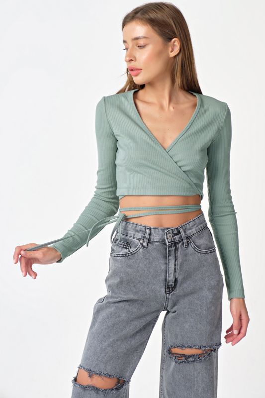 Knitted top with waist ties in mint color