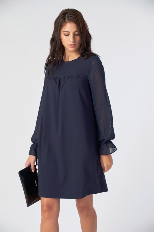 Lightweight straight dress with chiffon sleeves on dark blue