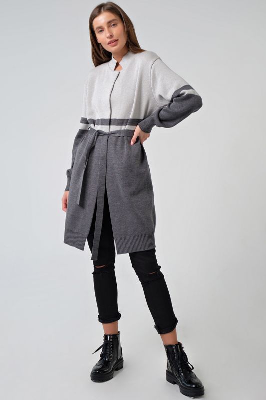 Long knitted cardigan with belt gray