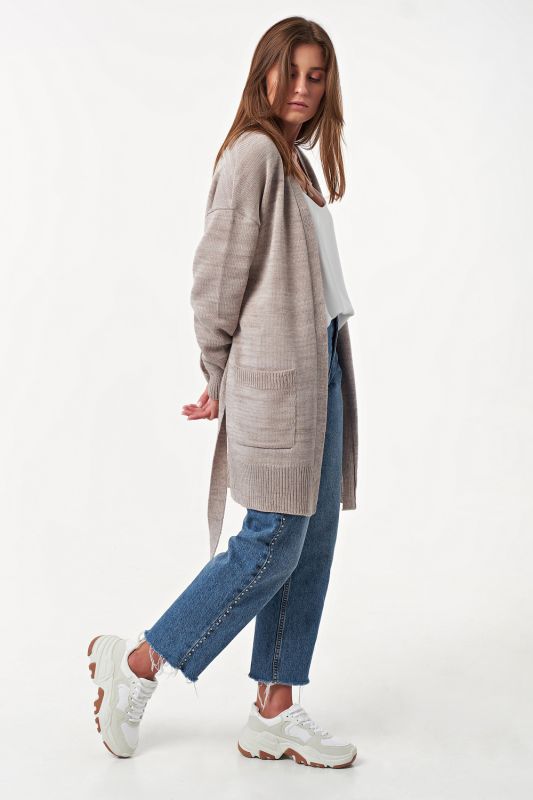 Long knitted cardigan with belt gray-beige melange