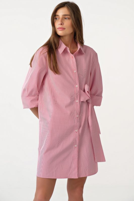 Short cotton striped shirt-dress on red