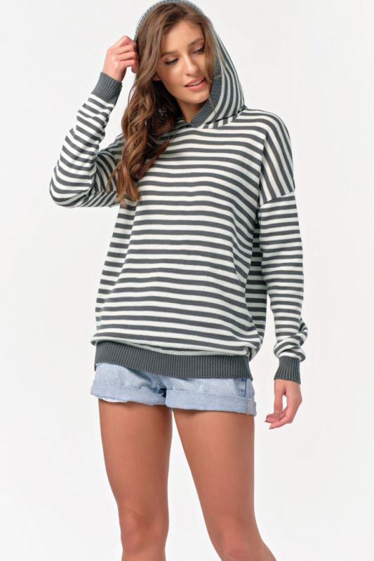 Striped hooded knitted sweater in gray-white