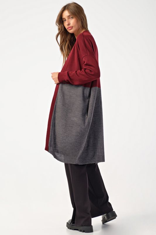 Cardigan knitted loose two-color gray-burgundy