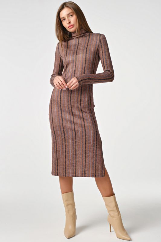 Long sleeve knit midi dress with striped stripes in bronze