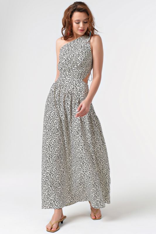 Summer maxi dress with open back made of viscose with print on milky