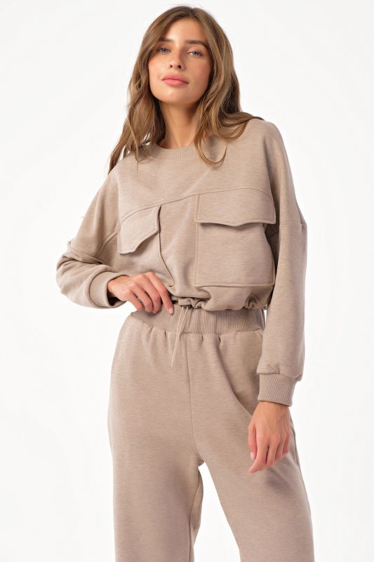 Sporty knitted sweatsuit with wide futer pants beige melange