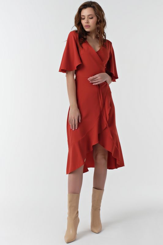 Terracotta fitted dress with flounces midi