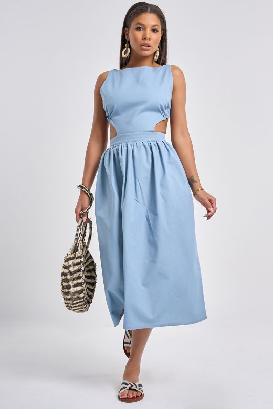 Grey-blue linen sundress with slits