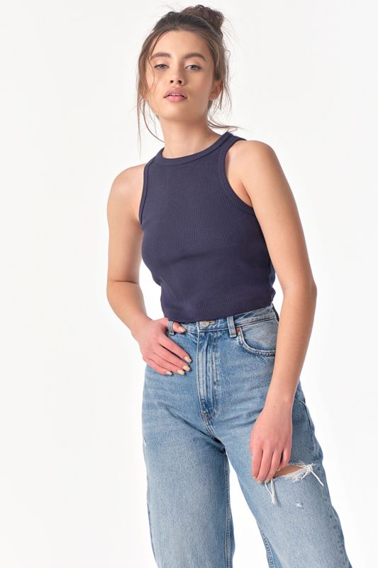 Cotton knit crop top in navy blue