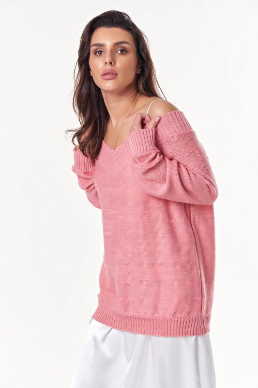 Knitted sweater with v-neck pink melange