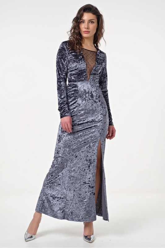 Long velvet evening dress with mesh insert smoky blue