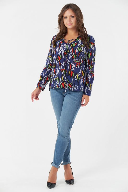 Large size chiffon blouse with print on blue