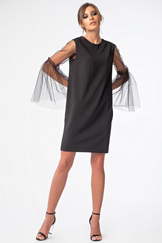 Black mini evening dress with transparent sleeves