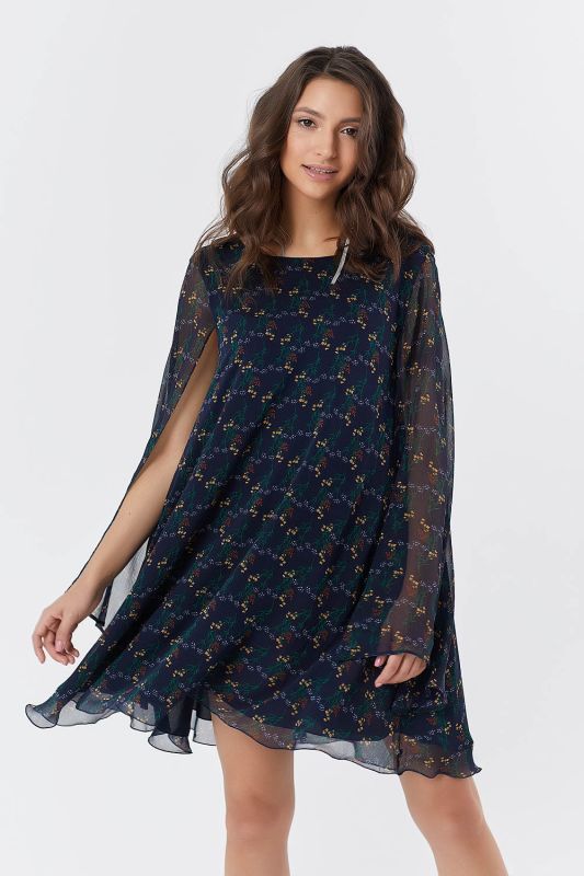 Long sleeve loose chiffon dress in navy blue