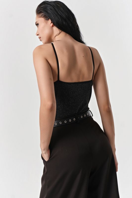 Shimmering black jersey body with lurex lace knit