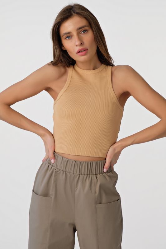 Beige cotton cropped top knitted with American armhole