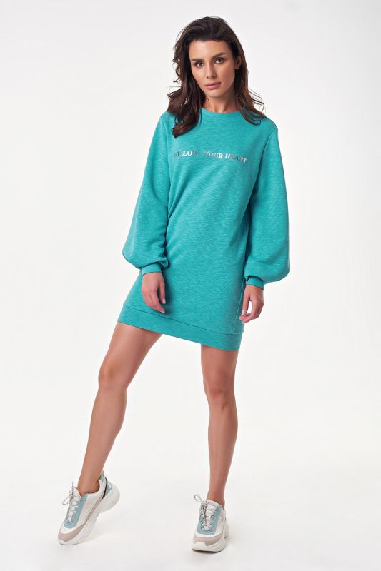 Turquoise long sleeve sweatshirt dress with futer fabric