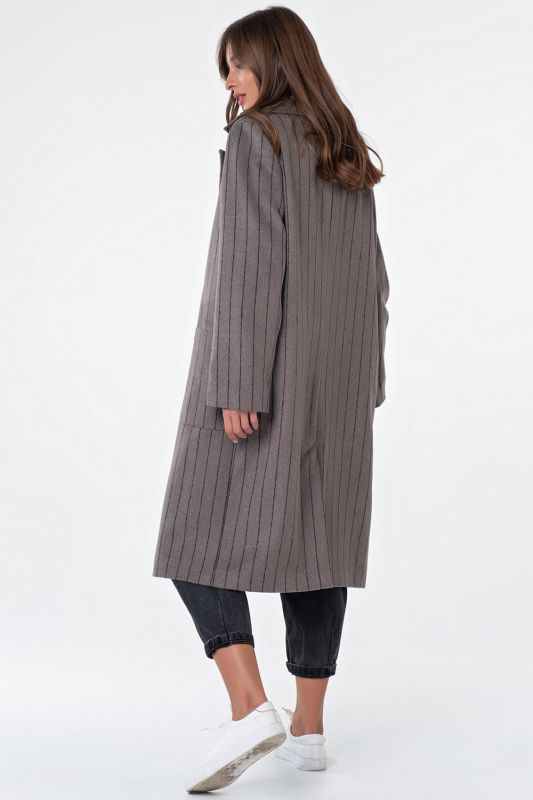 Double-breasted straight wool coat with striped coffee color