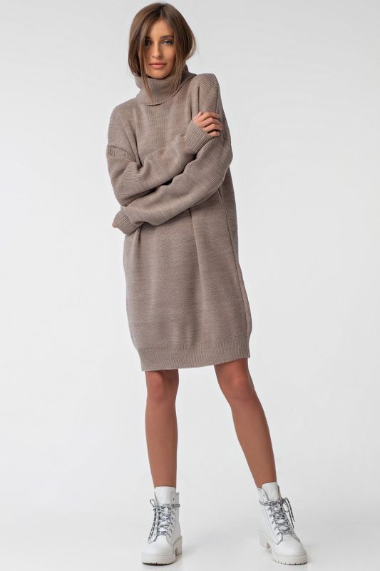 Warm knitted dress with high neck walnut