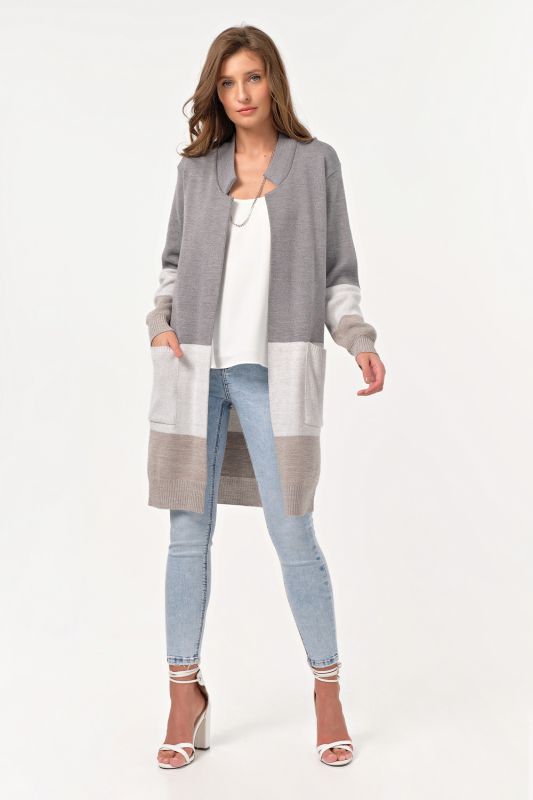 Long striped knitted cardigan gray-beige