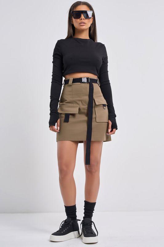 Cotton fabric khaki waistband kargo skirt