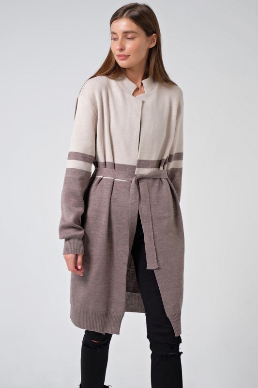 Long knitted cardigan with belt beige