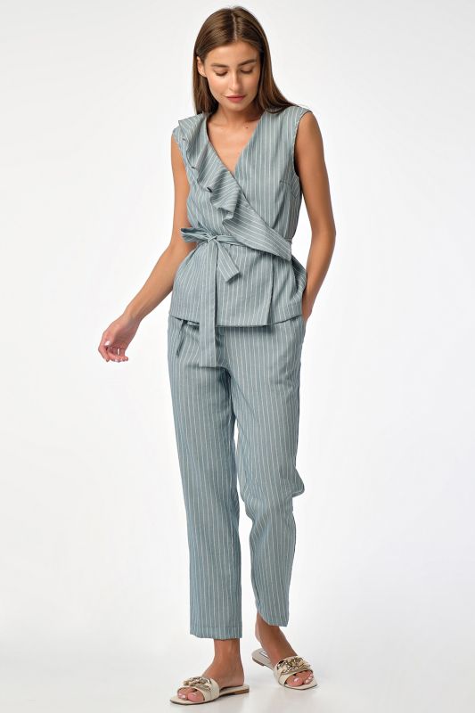 Summer trouser suit with striped blouse on gray-green