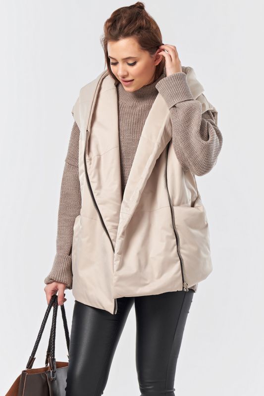 Insulated Overcoat with Zipper Hooded Oversize Vest Beige