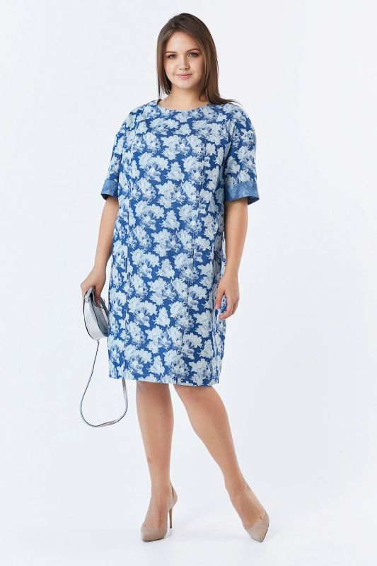 Summer cotton denim dress in large size with floral print