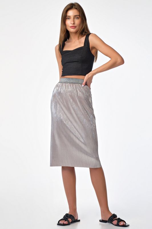 Silver shiny knitted midi skirt with elastic band