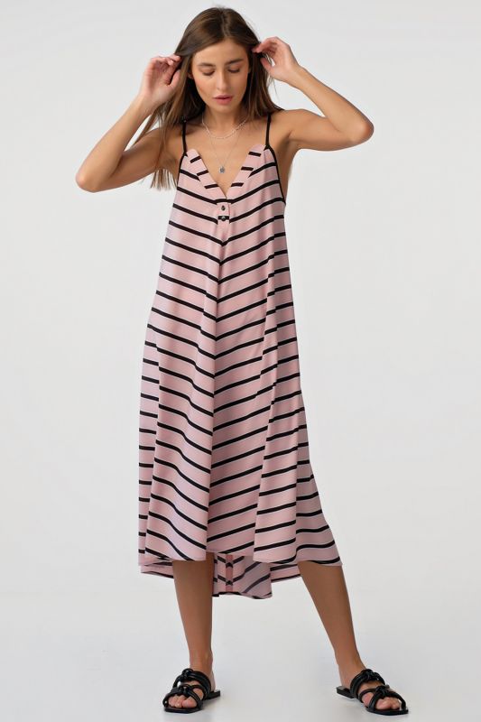 Black striped strappy loose midi dress on pink