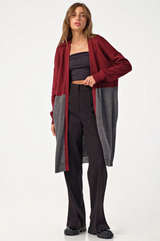 Cardigan knitted loose two-color gray-burgundy