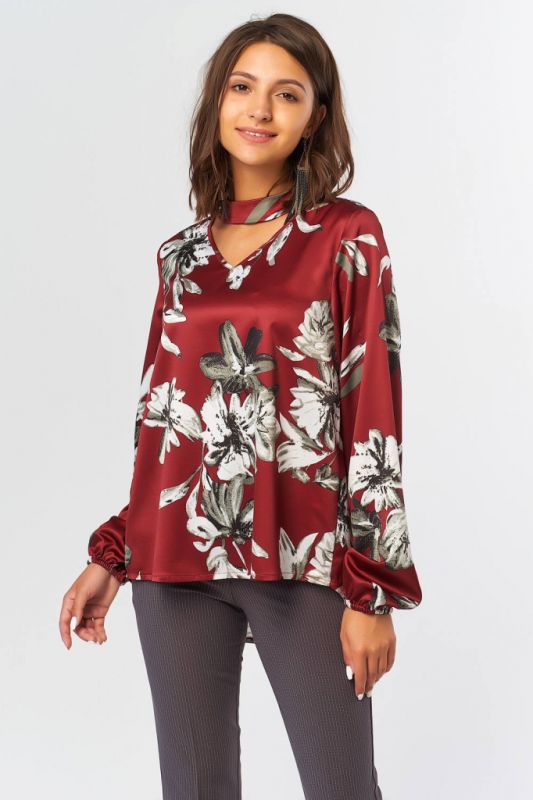 Straight blouse with wide sleeve with floral print on burgundy