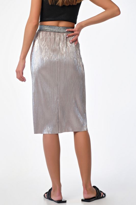 Silver shiny knitted midi skirt with elastic band