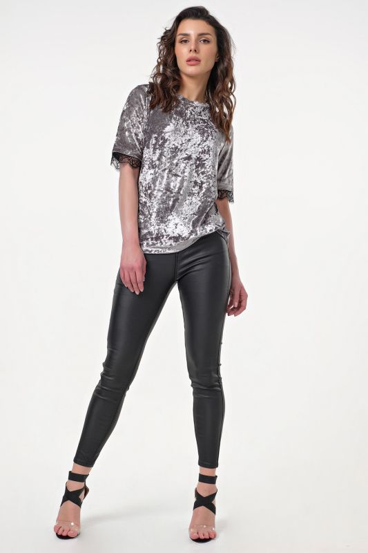 Short Sleeve Velvet Straight Blouse in gray