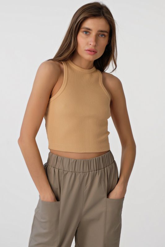 Beige cotton cropped top knitted with American armhole