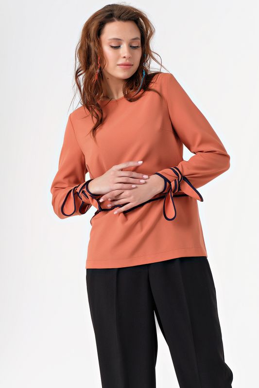 Long blouse with ties for office light terracotta